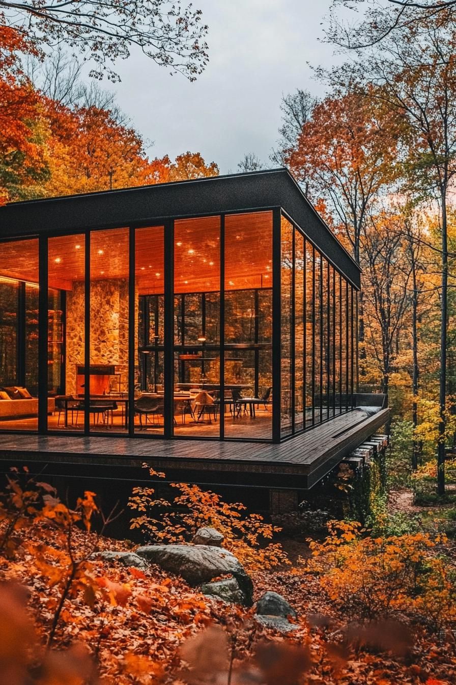 modern mountain eco lodge house with glass clad facade lush autumn foliage forest views