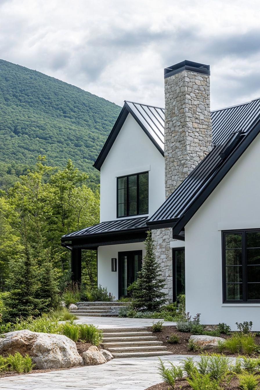 modern cottage style mountain house with white stucco facade stone chimney black metal roof entrance with gambrel and steps yard hardscape with 2
