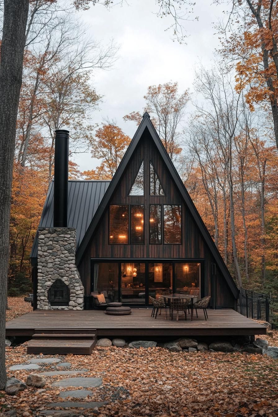 large a frame house with charred wood siding black metal roof with black chimney stone foundation with front deck with outdoor furniture house