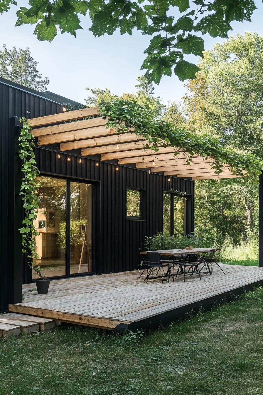 modern prefab small house facade with black siding natural wood deck with pergola with vines Scandinavian fields full house view 3