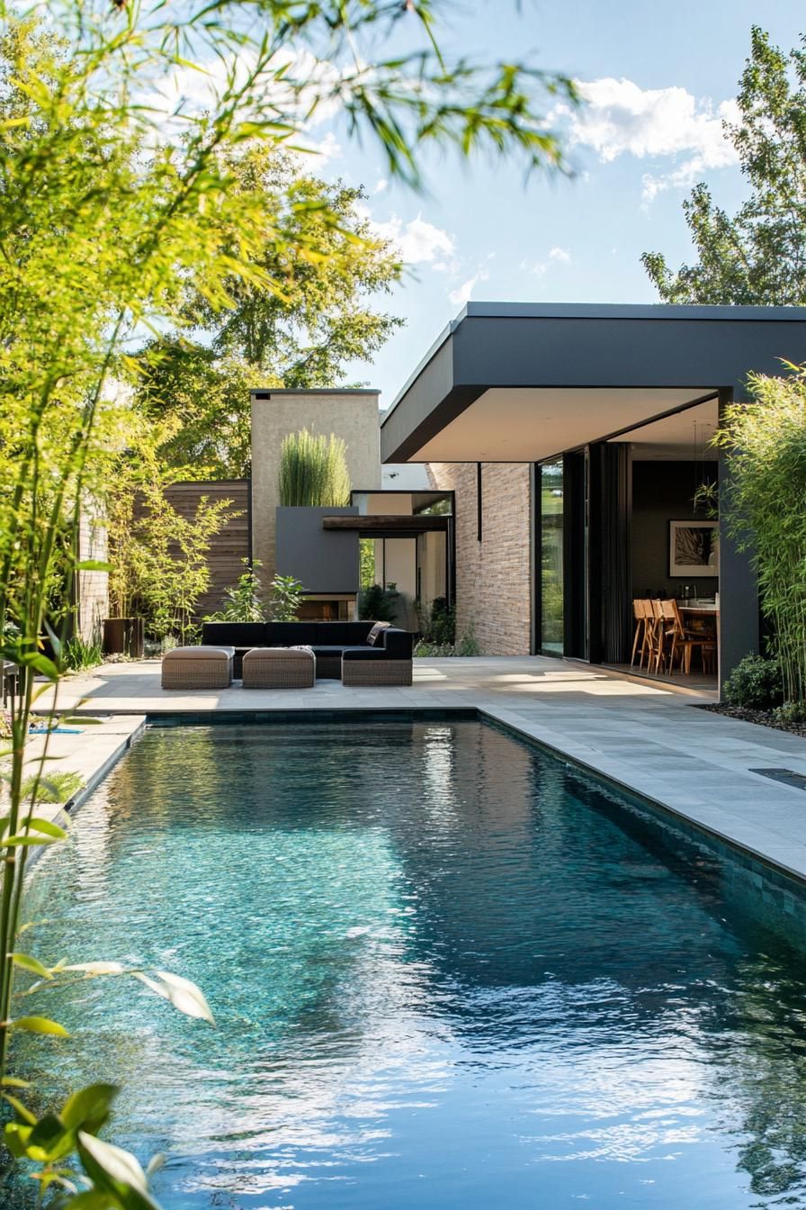 modern house backyard pool landscape with zen bamboo garden 3