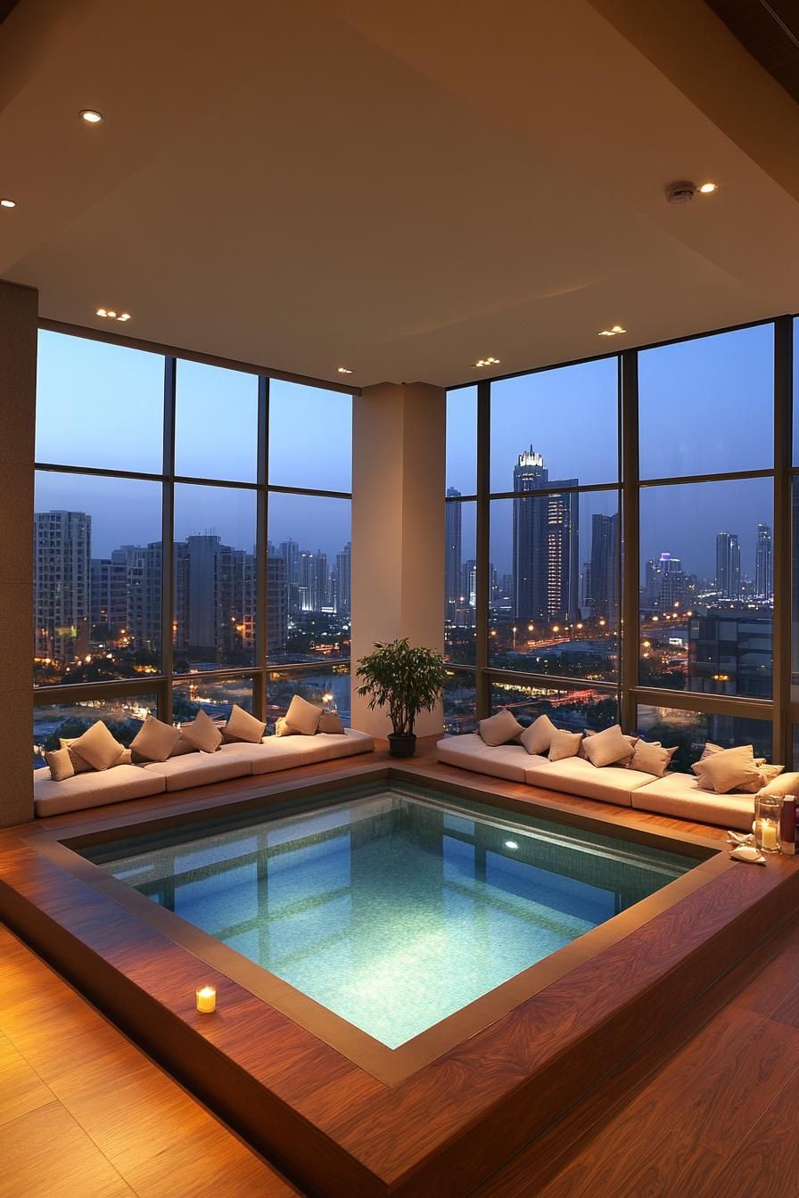 modern sunken living room interior with large windows overlooking a pool with city skyline view outside 2