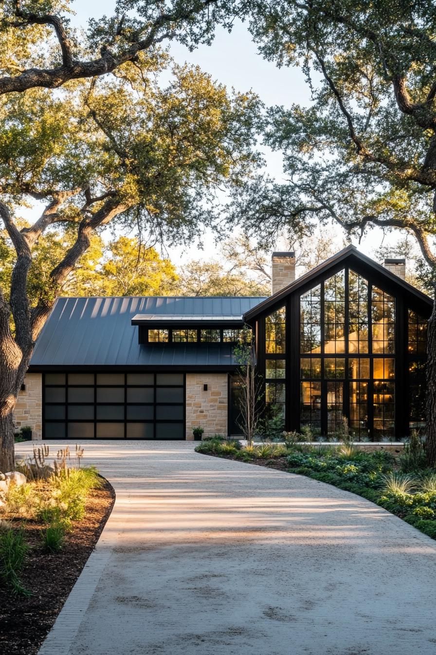 modern farmhouse L shaped house with steel and glass barn style garage with driveway lined with trees 2