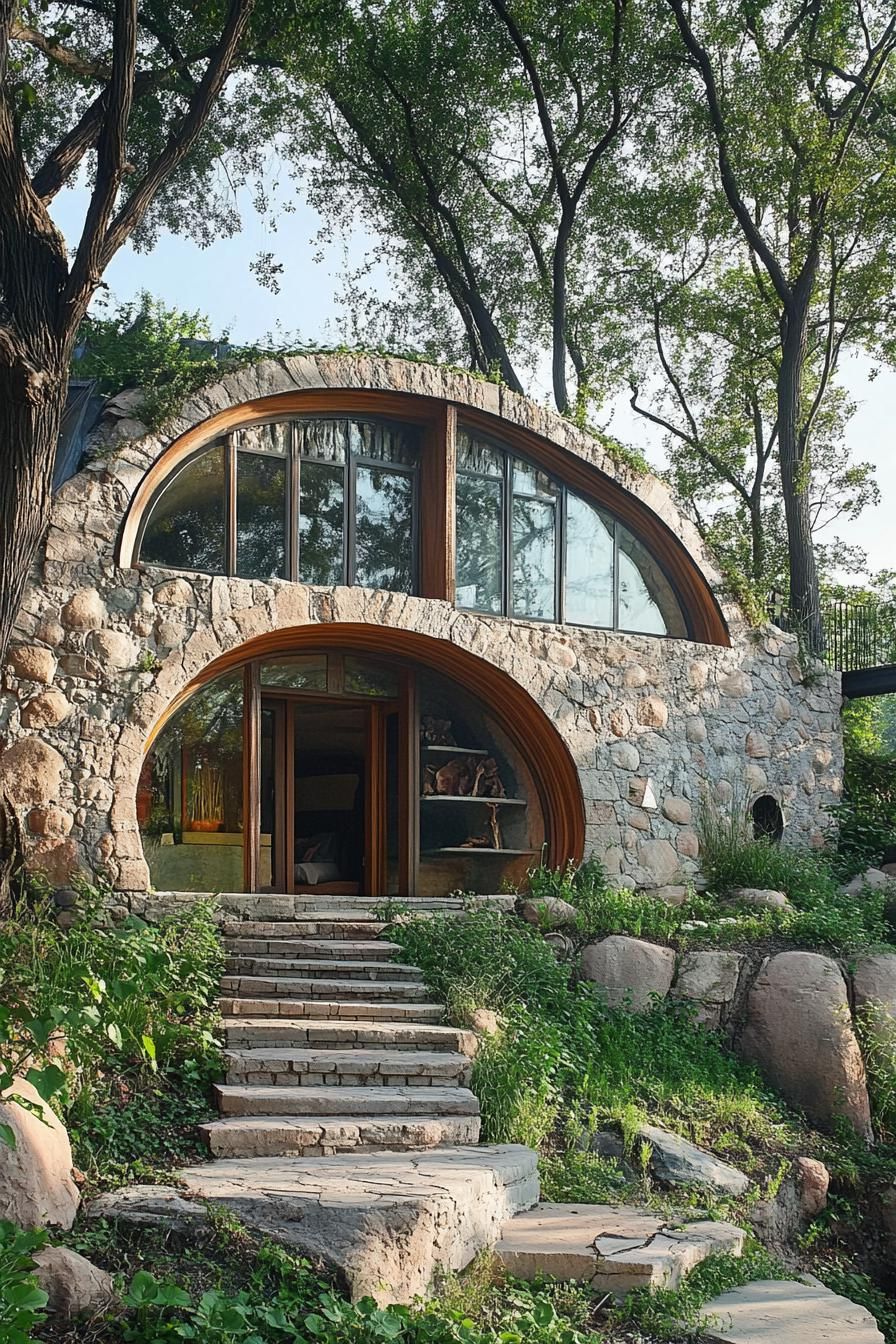 modern forest house hobbit style earth sheltered facade