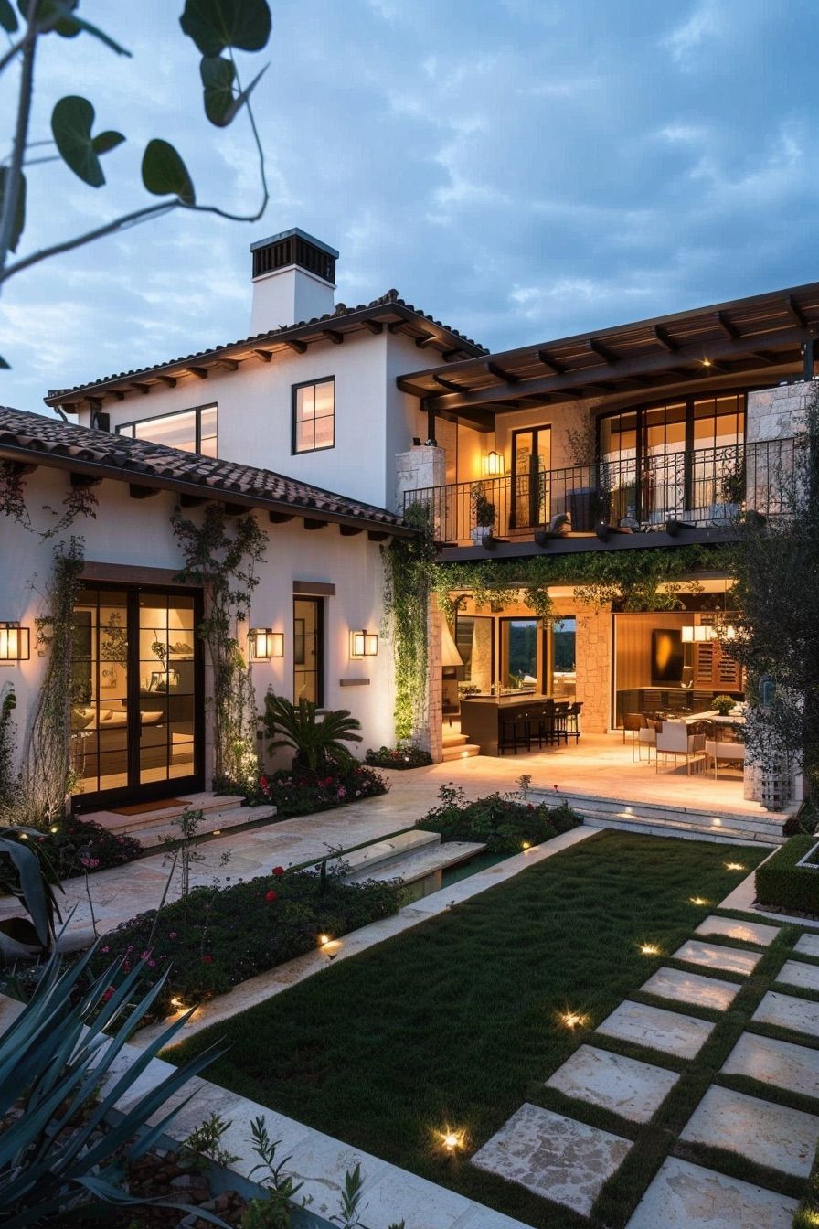 mediterranean house courtyard with grass