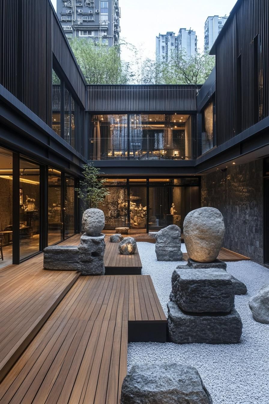 chinese inner courtyard with modern art sculptures wooden deck rocks chinese detailing modern office building visible over the roof from the