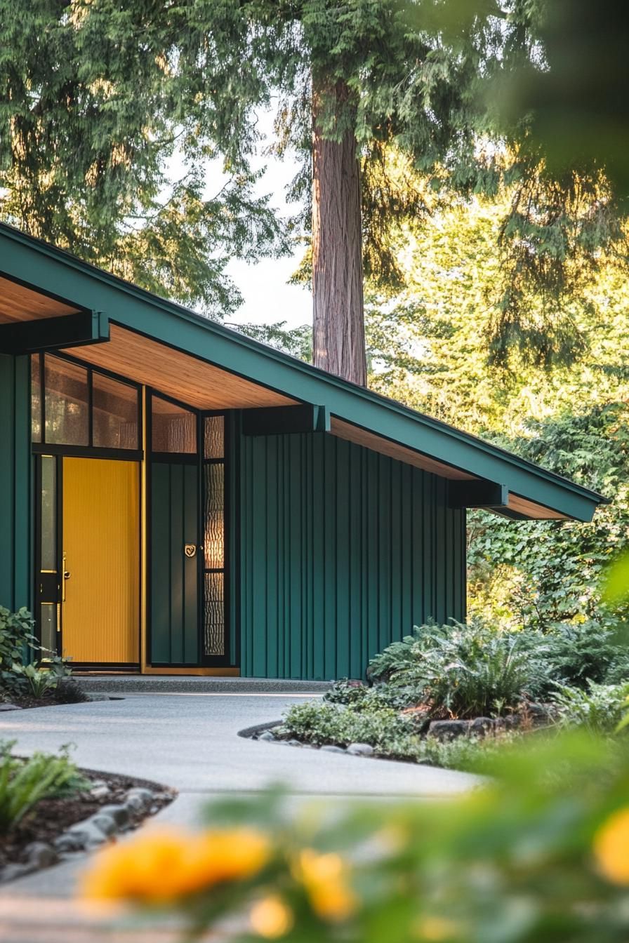 mid century modern house facade forest green and teal colors with brass accents
