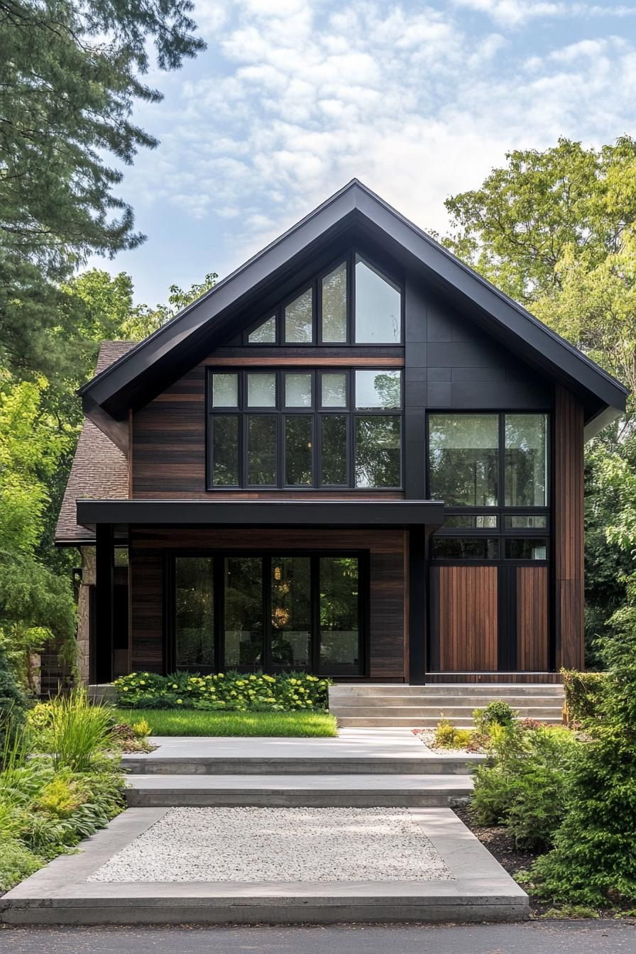 modern timber frame house facade with dark stain timber and contrasting white trim