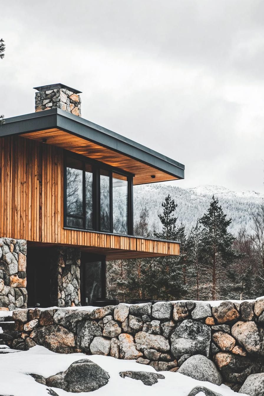 mid century modern 1950s style house stone and wood facade in Scandinavian mountains 2