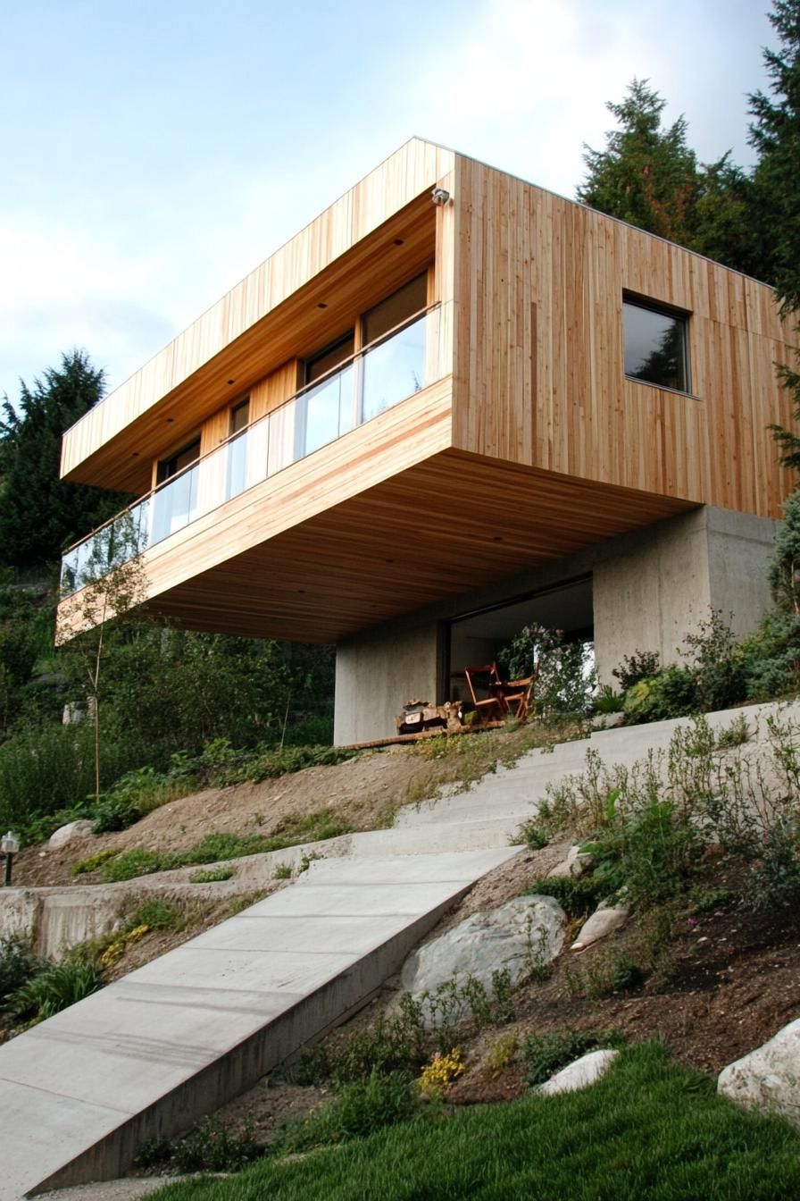 modern wood knotty pine wood house facade cantilevered hillside long narrow facade 2