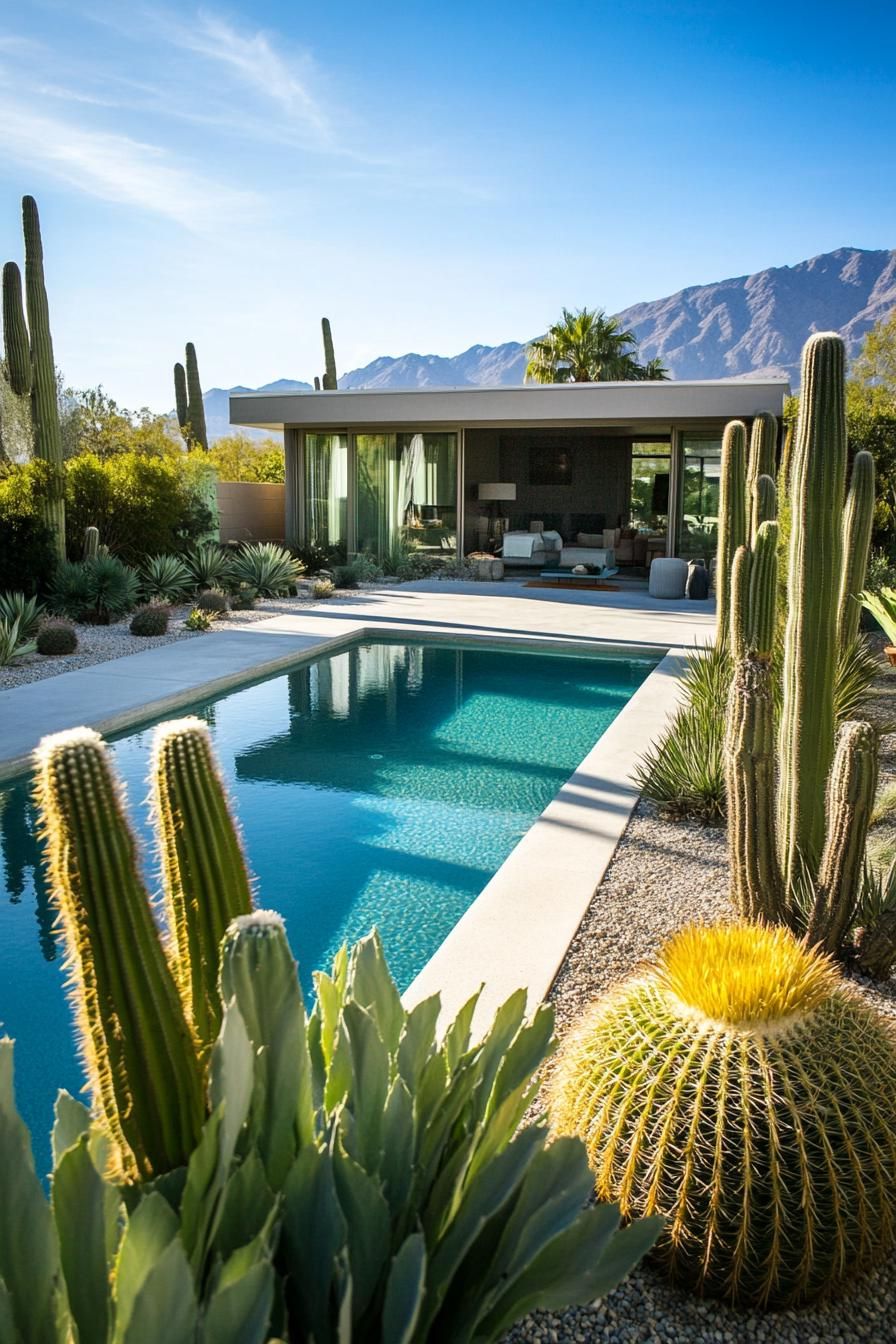 modern house backyard pool landscape with cactus garden