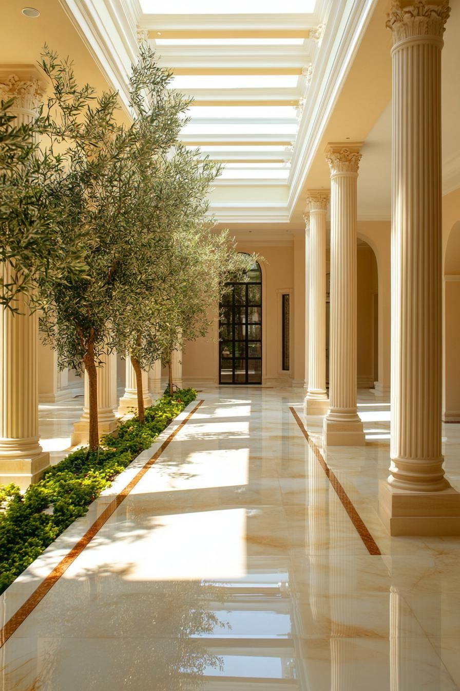 modern mansion house indoor atrium with classic columns marble floors olive tree garden