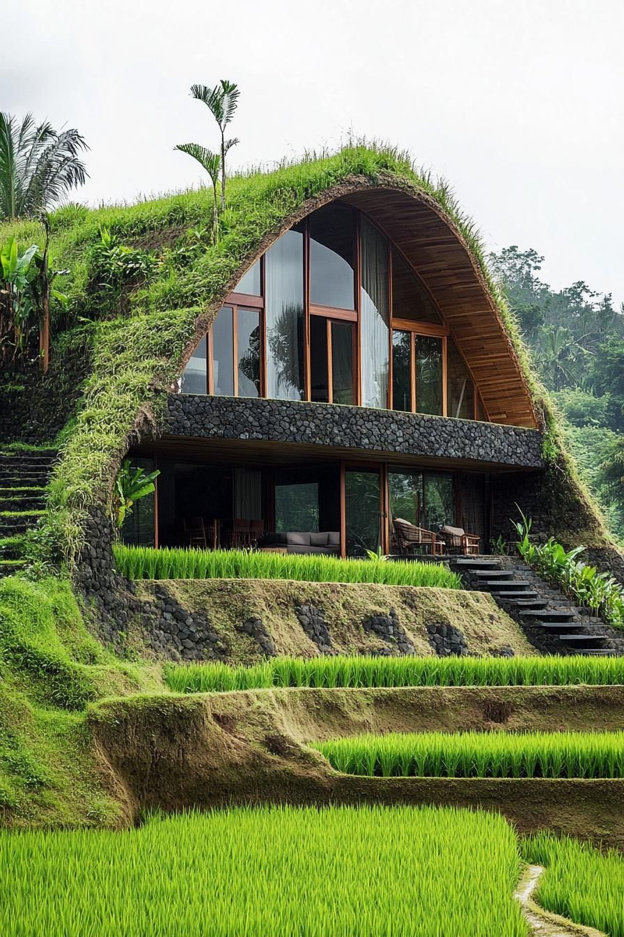earth sheltered modern house facade built into rice terraces in Bali