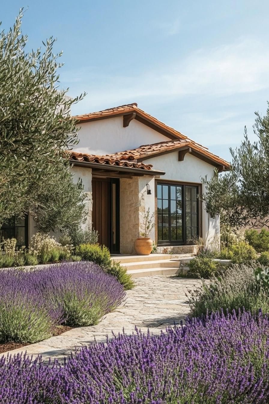 small modern mediterranean house front yard with olive trees and lavenders 3