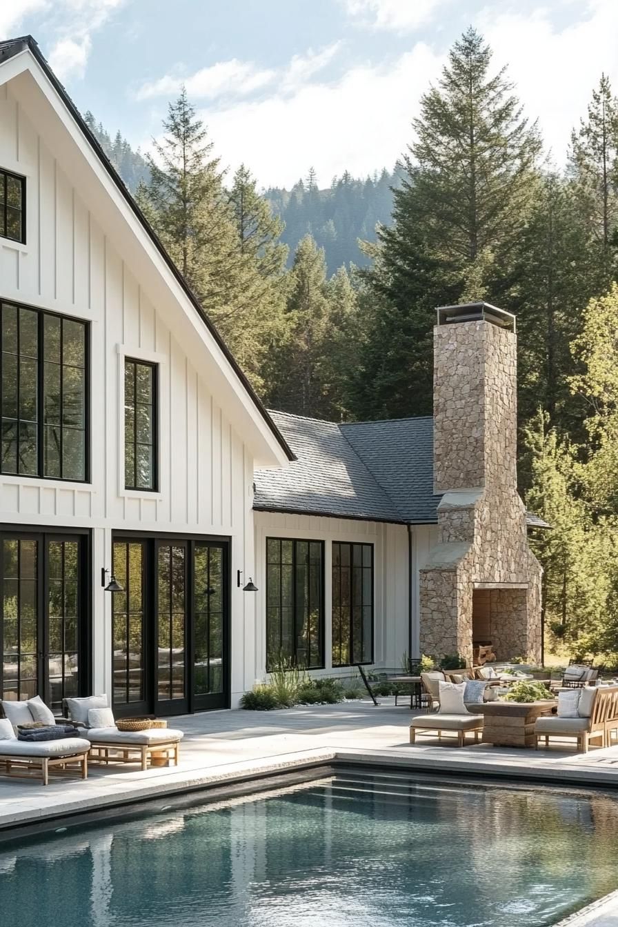 farmhouse style mountain house with white board and batten siding black trimmed glass windows and large doors stone chimney courtyard with small 3