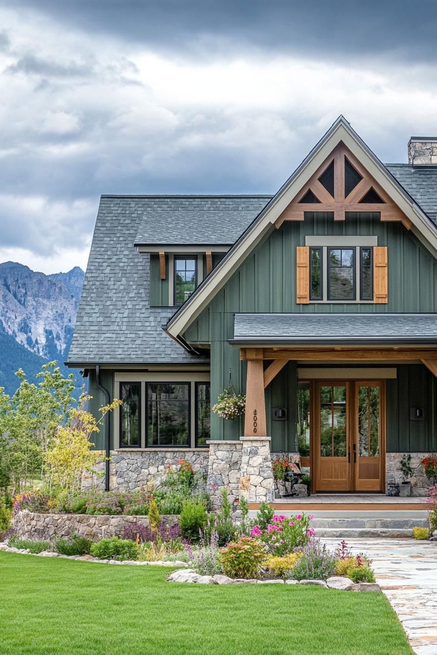 front view of a cottage style mountain house with shy green board and batten siding natural stone foundation porch with wooden columns multiple 2