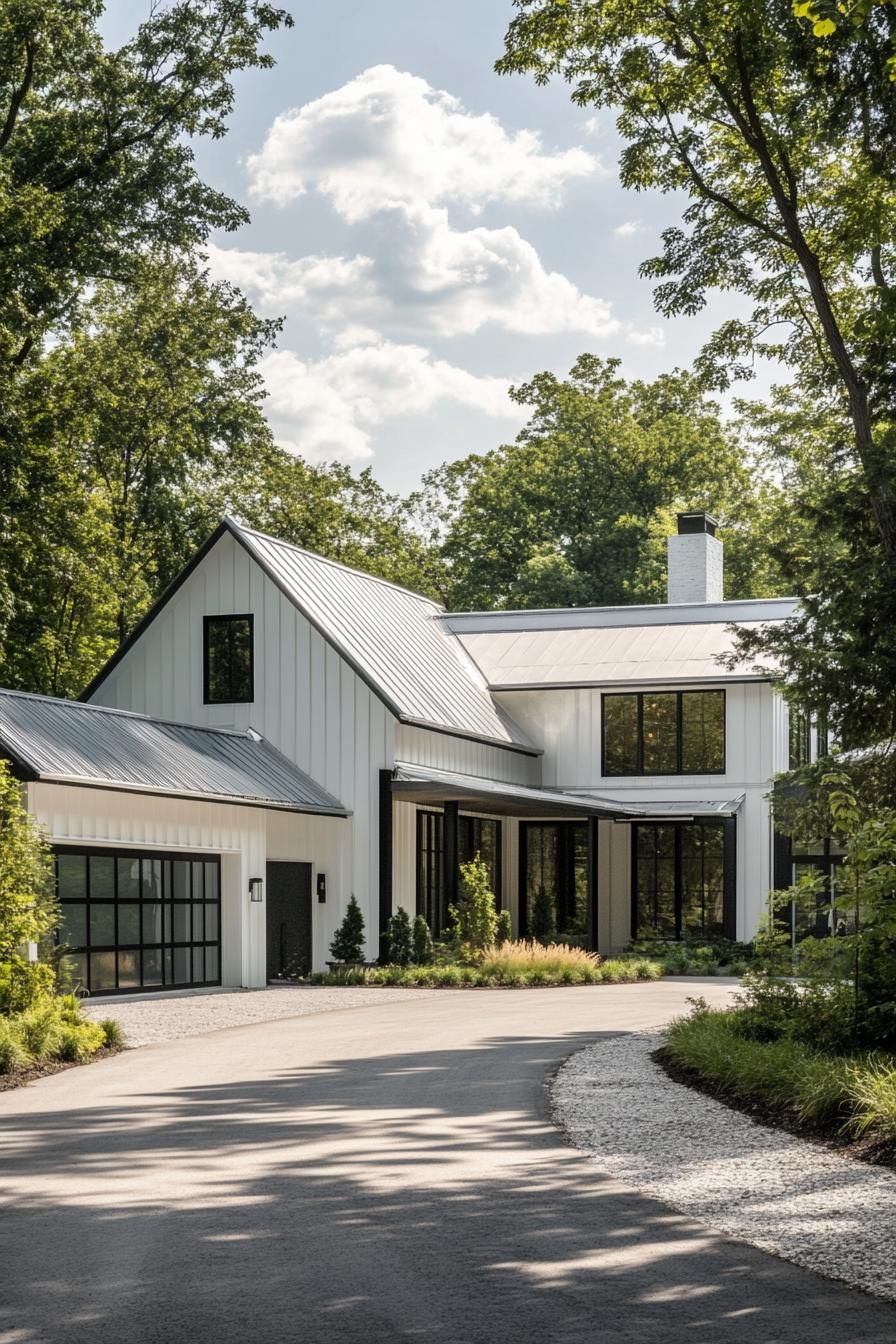 modern farmhouse L shaped house with steel and glass barn style garage with driveway lined with trees 3