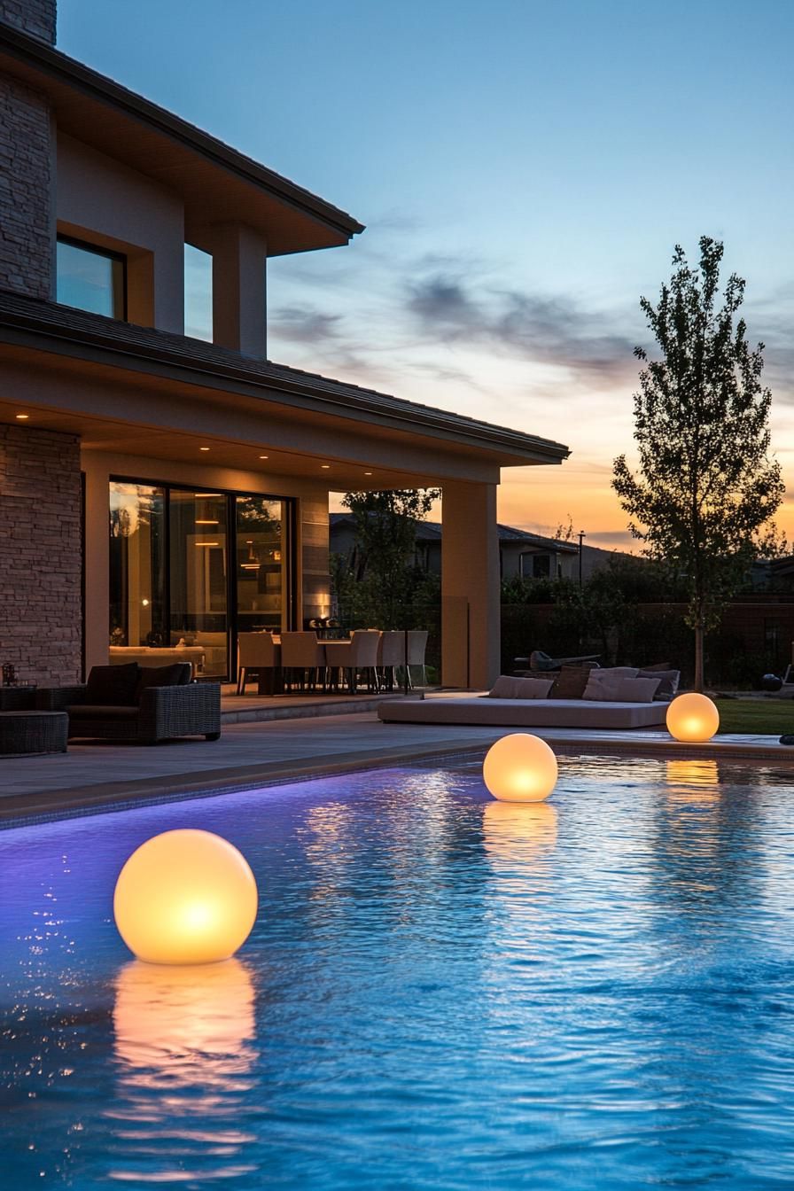 modern house backyard pool with floating light spheres 3