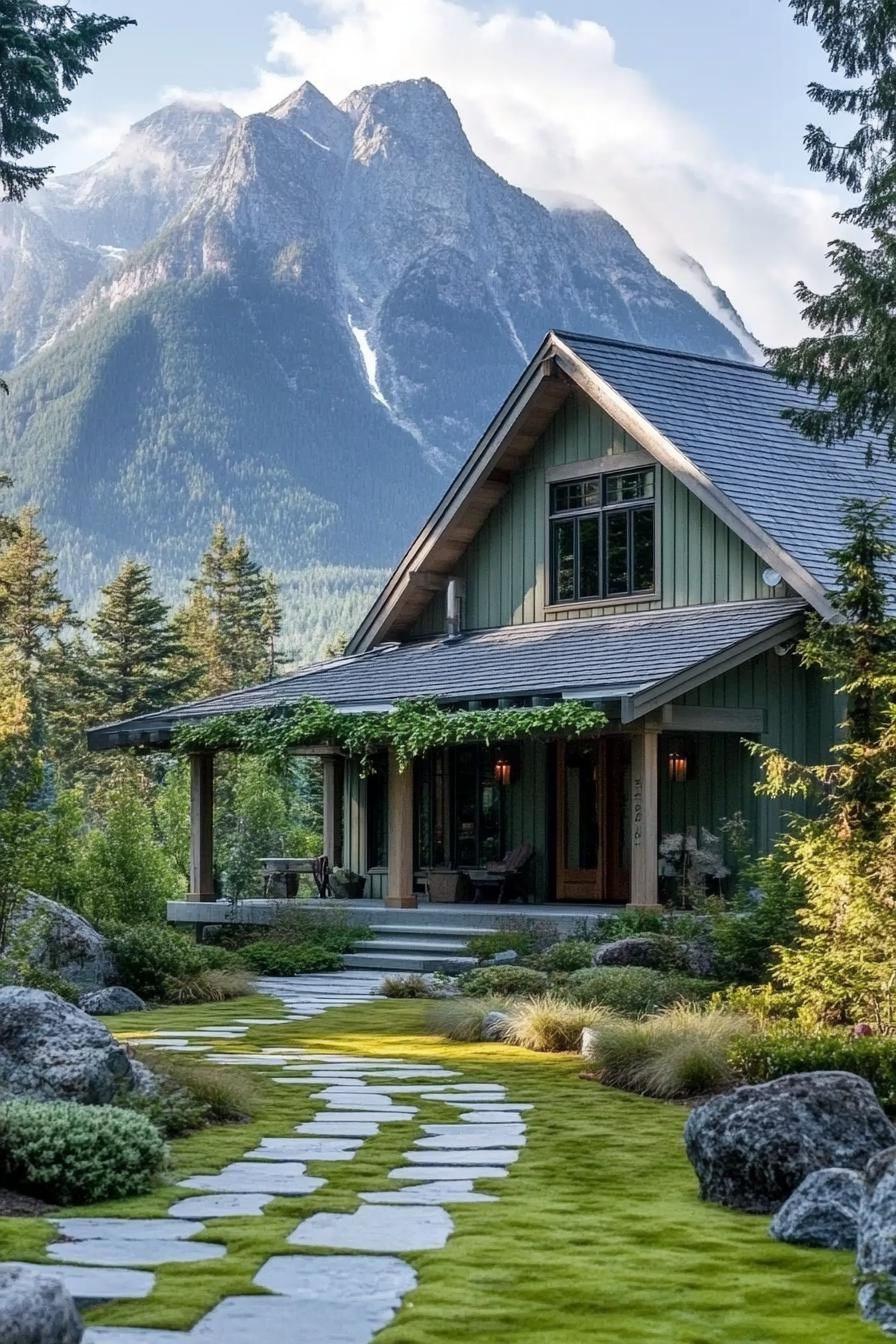 modern cottage style mountain house with shy green siding grey multi pitched roof ivy trellis porch mossy stone paved yard tall pines around the 3
