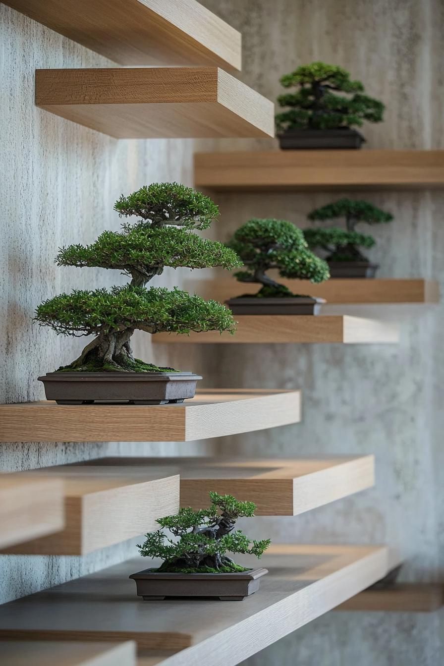 modern zen style home interior shelves with bonsai trees