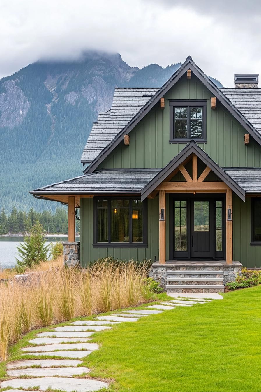 modern cottage style mountain house facade in sage green board and batten siding dark wood accents multi pitched roof with light grey shingles 2