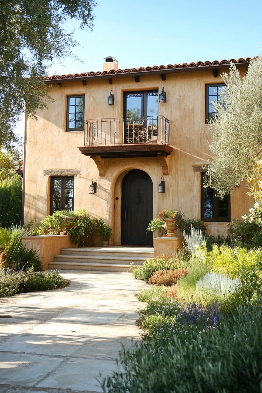 mediterranean revival architecture house facade stucco painted in earthy tones frontyard olive garden 3