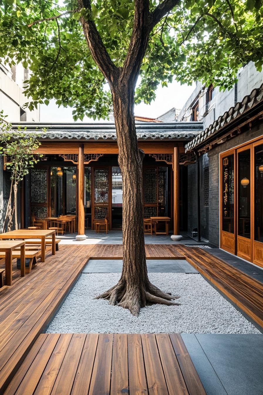 chinese inner courtyard with wooden deck bordered with concrete floor. theres a tall tree with gravel at its roots in the middle of the court wooden