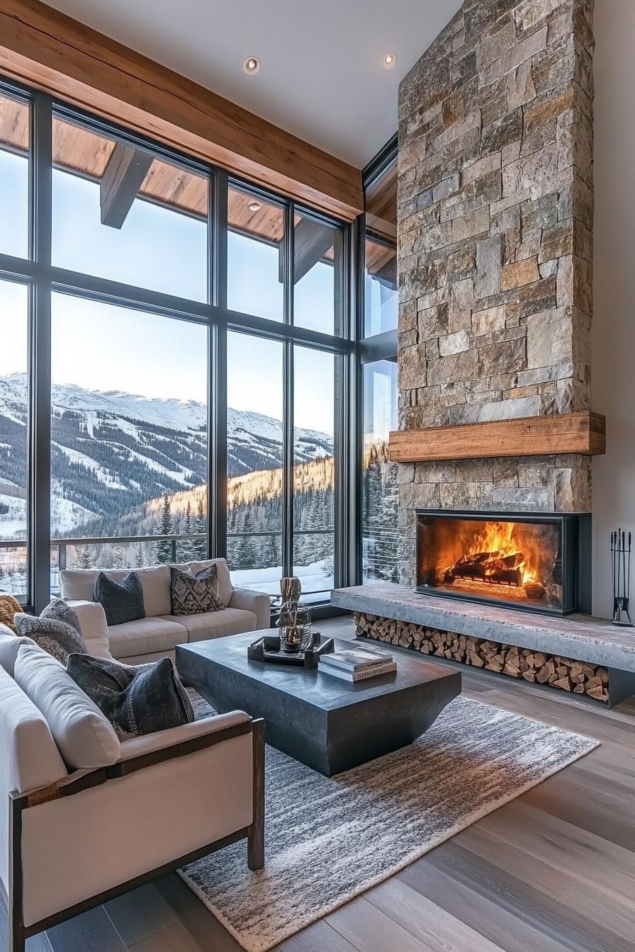 modern mountain retreat home with natural stone fireplace stunning winter mountain views