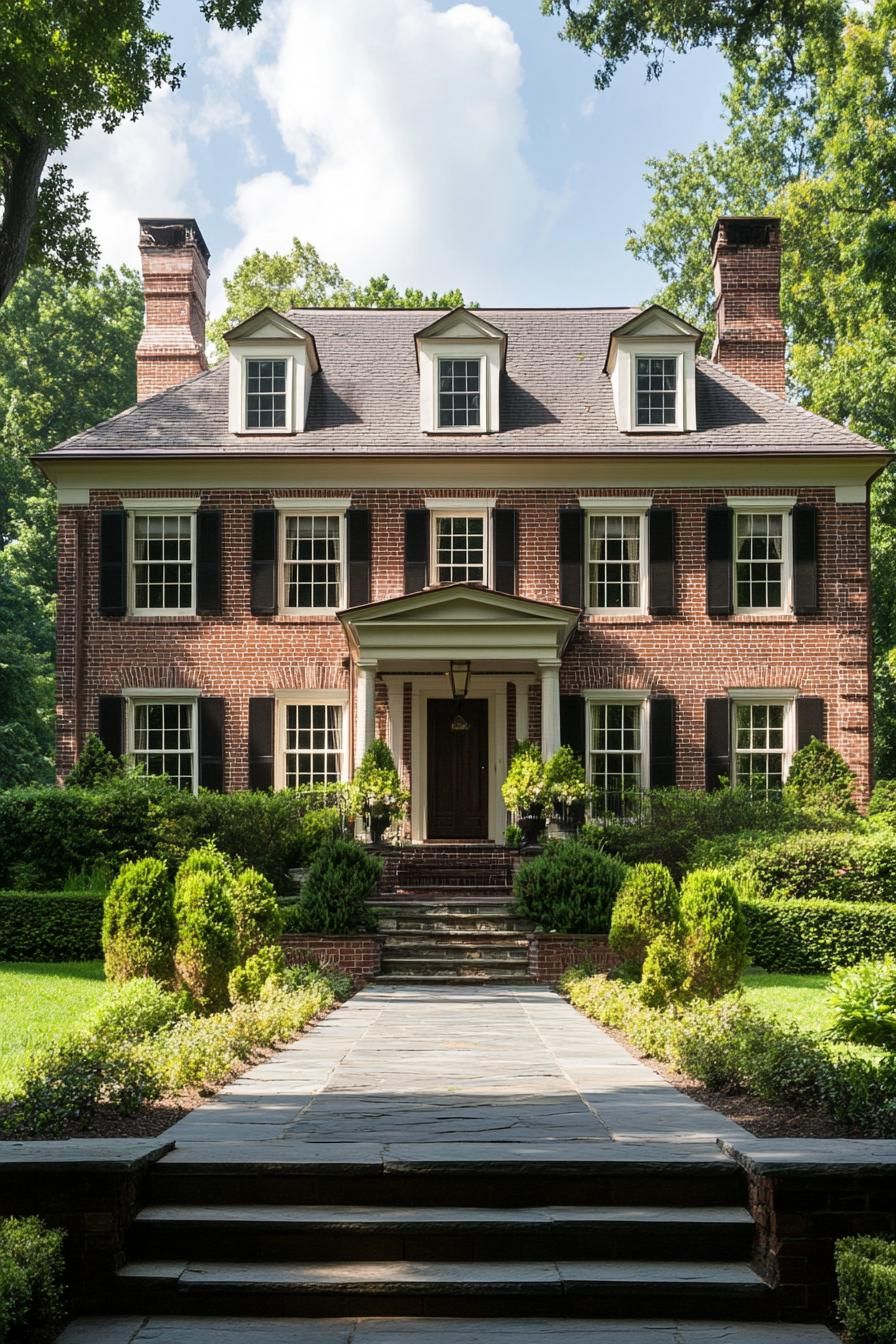 georgian brick house two stories roof gambrels porch columns classic landscape 5