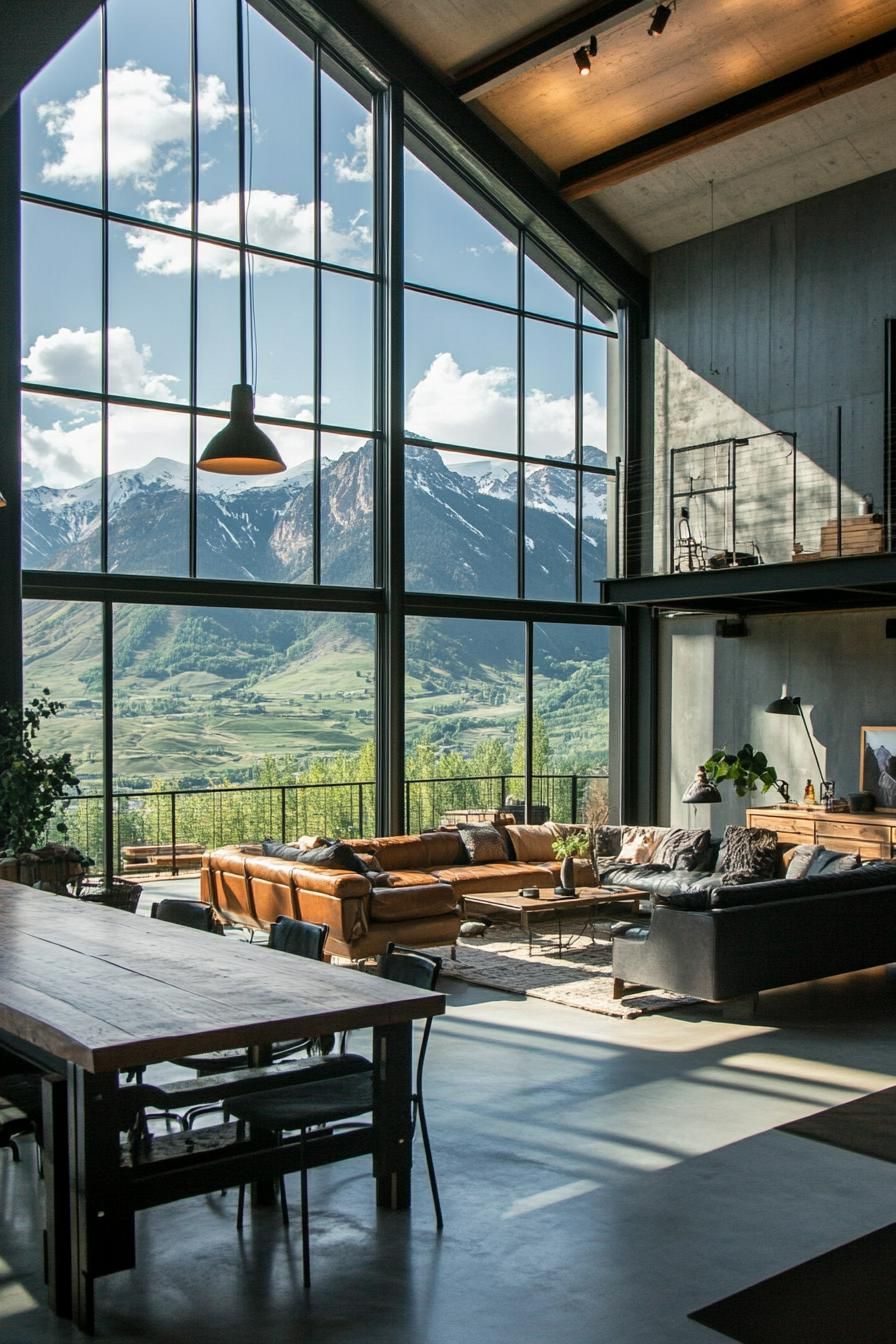 modern industrial open plan loft with large windows overlooking stunning mountains 2