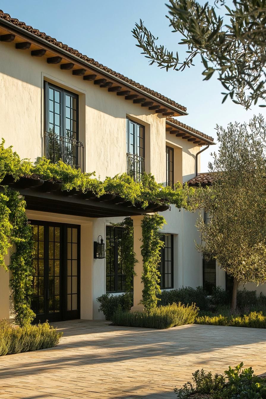 modern Italian mediterranean house facade with vine covered pergola olive tree lined front yard 3