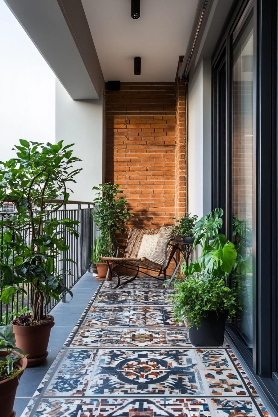 modern apartment small balcony boho interior with mosaic tile floor 2