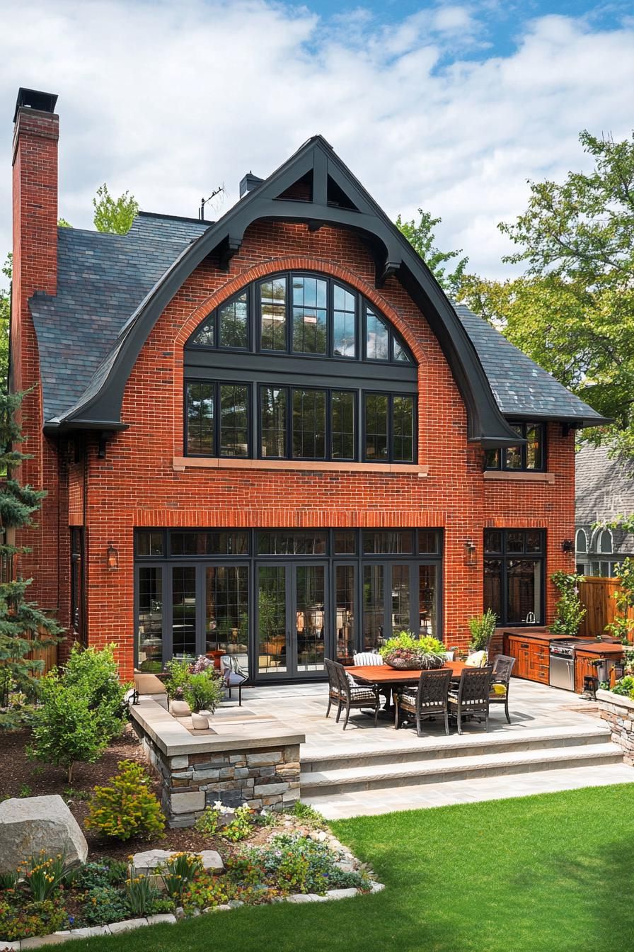 suburban red brick house with multi pitch roof and patio 2