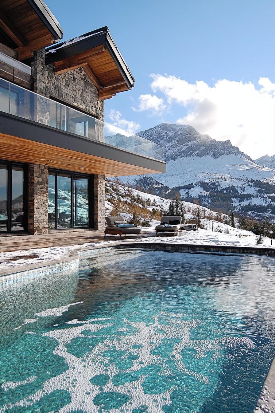 modern house multi level pool with integrated hot tub mountain with snow top in the background 2