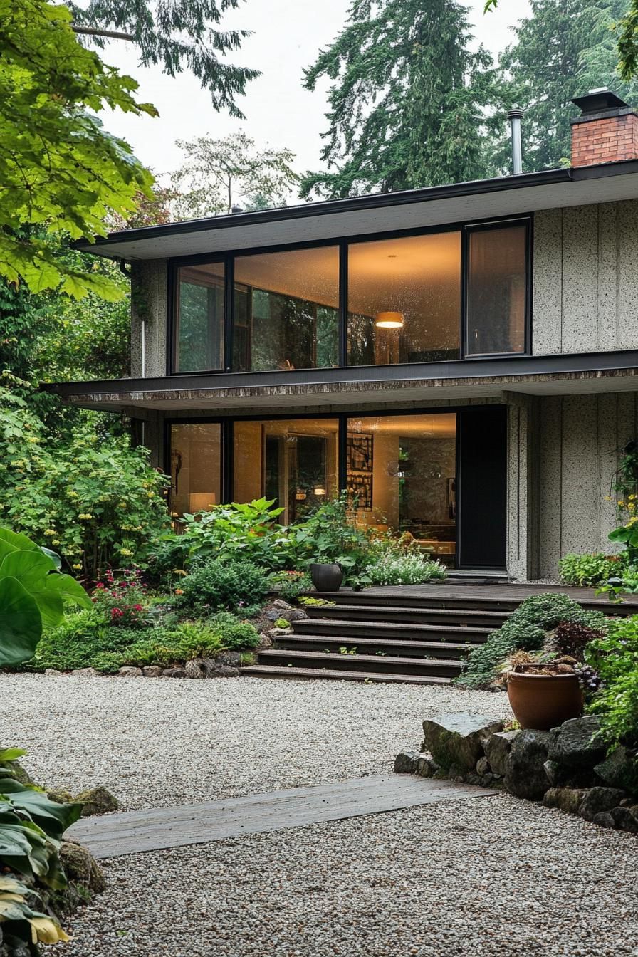 80s house exterior makeover facade with oversize windows gravel front yard garden 2