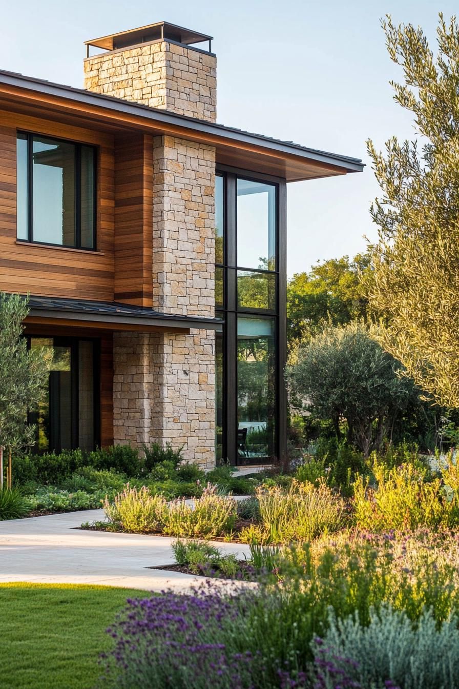modern house with natural cedar shiplap exterior and stone foundation mediterranean front garden 3
