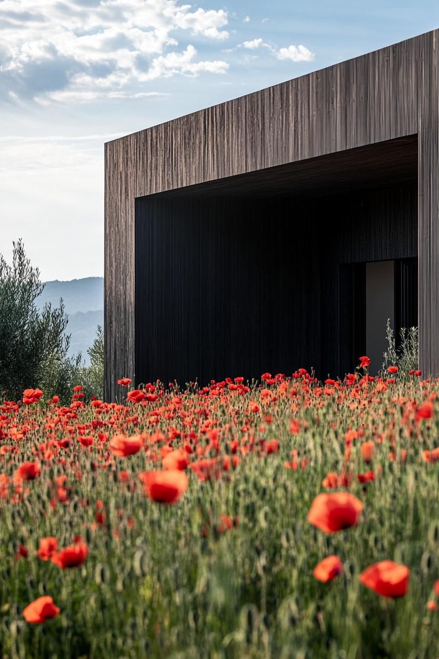mid century modern black house facade blackwashed cedar cladding full view in a meadow of red poppies