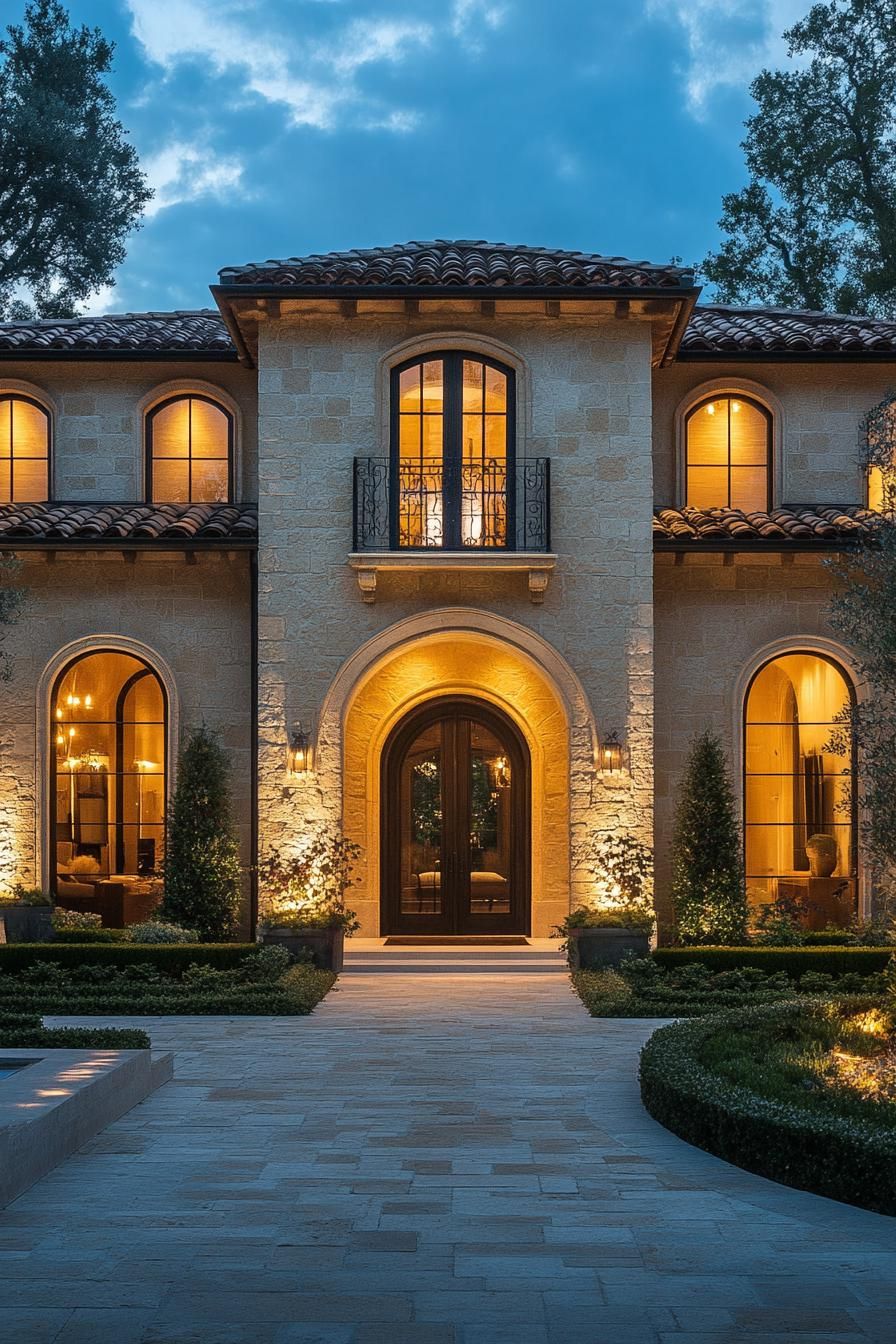 modern French mediterranean house with arched entryways French country landscape