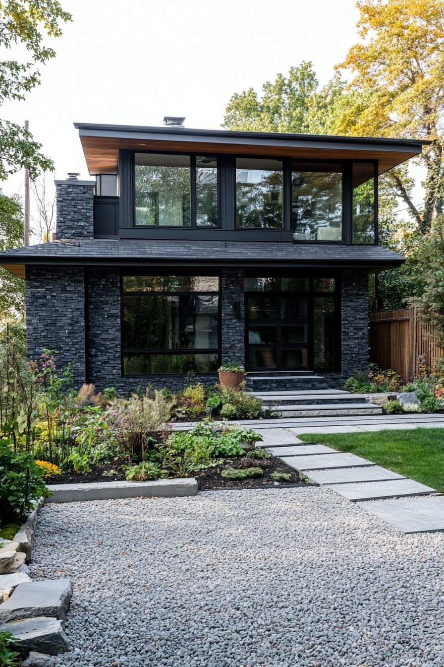 80s house exterior makeover facade with oversize windows gravel front yard garden