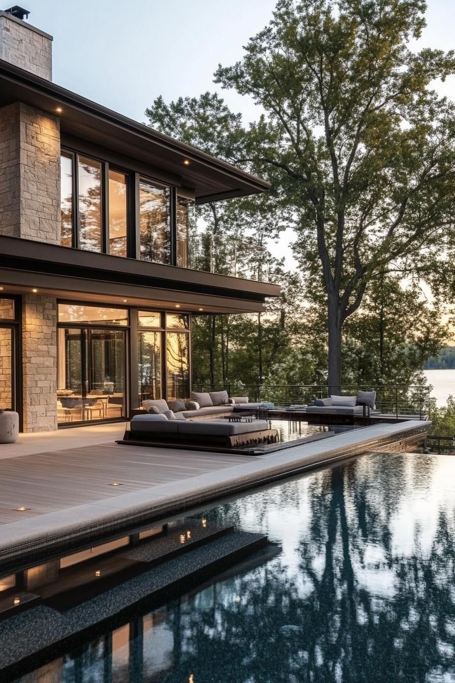 modern house with deck pool with submerged seating overlooking lake and trees in the background
