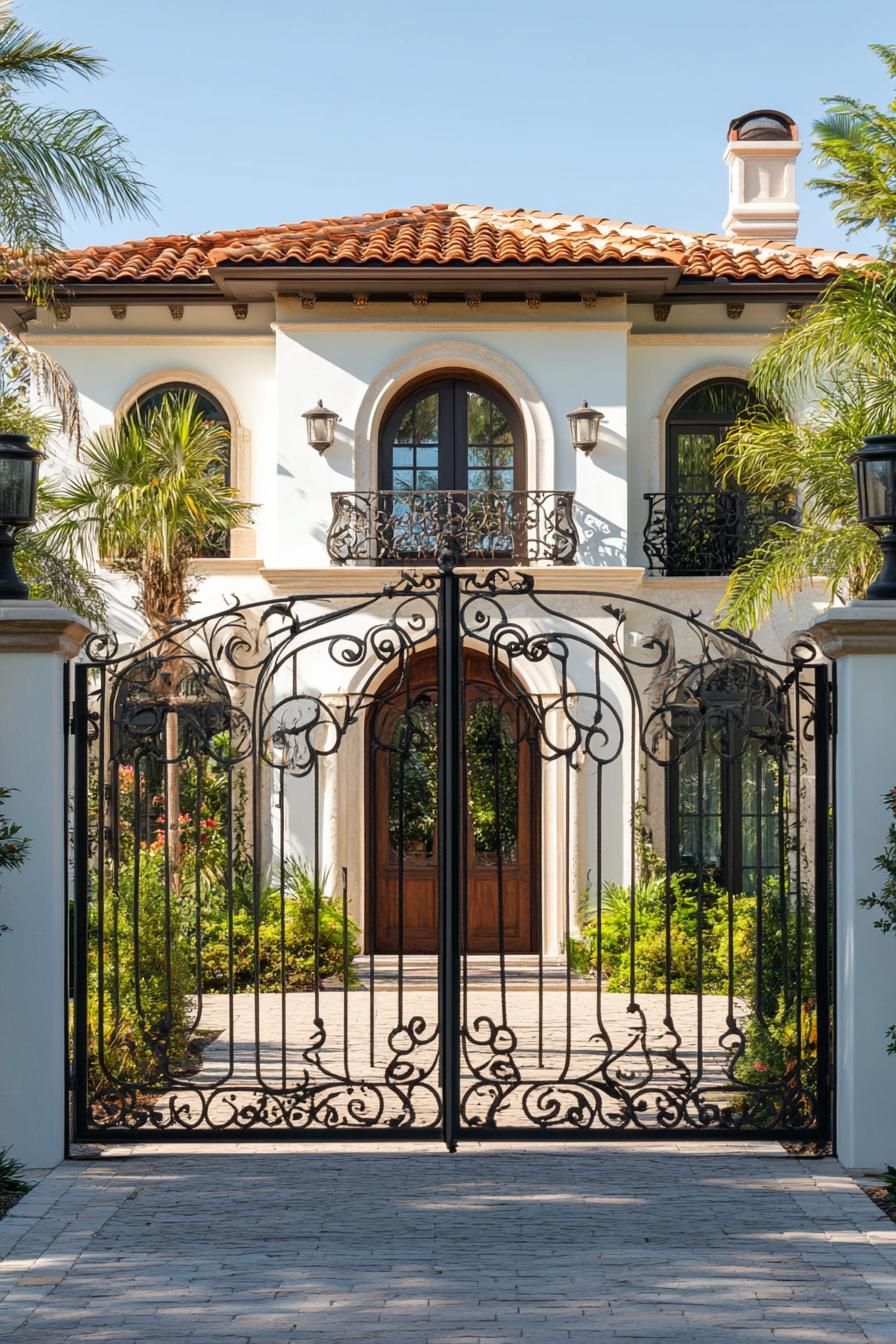 mediterranean revival architecture home courtyard with arched doorway and wrough iron ornate gate