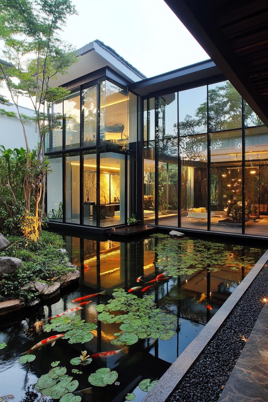 modern glass enclosed house facade facing lush zen garden with koi pond
