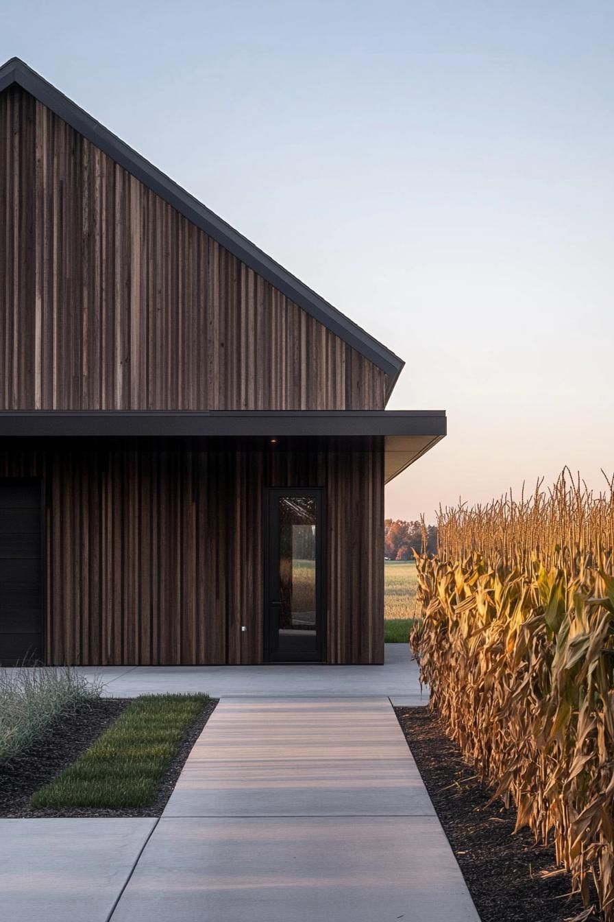 modern farmhouse with reclaimed wood siding farmland with corn fields 2