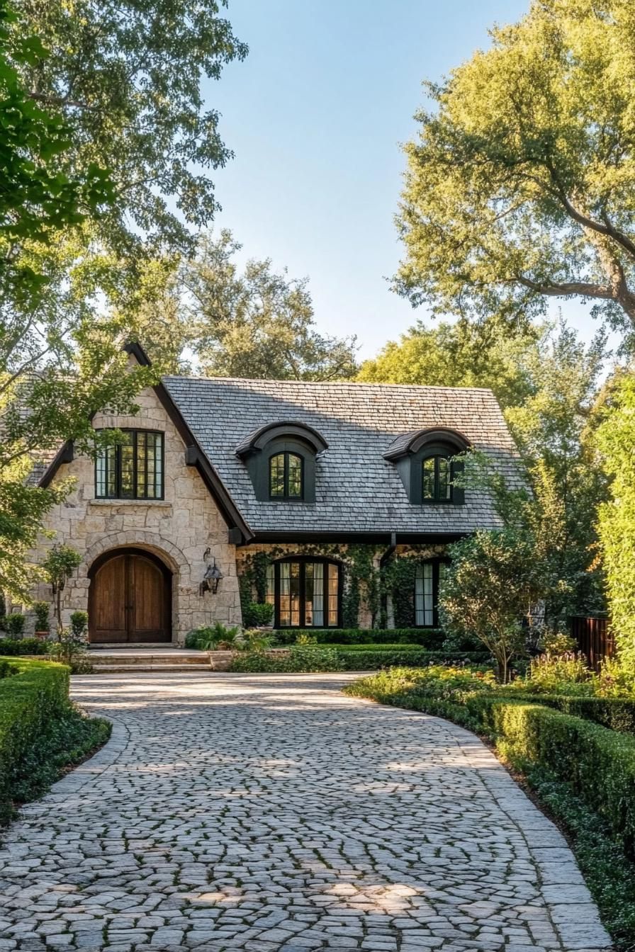 modern English cottage front yard with cobblestone driveway lined with trees 3
