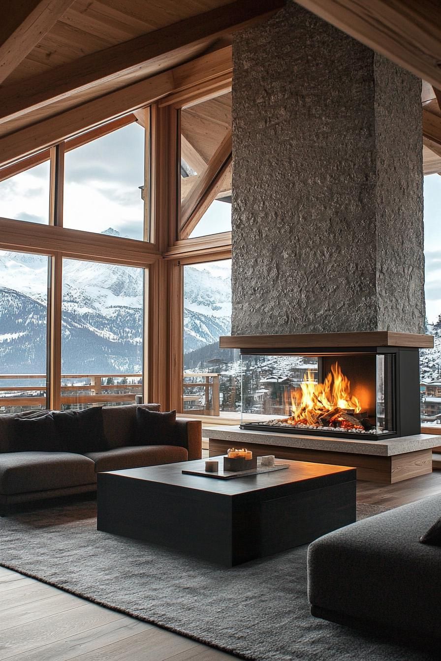 Modern Chalet Featuring a Double-sided Stone Fireplace
