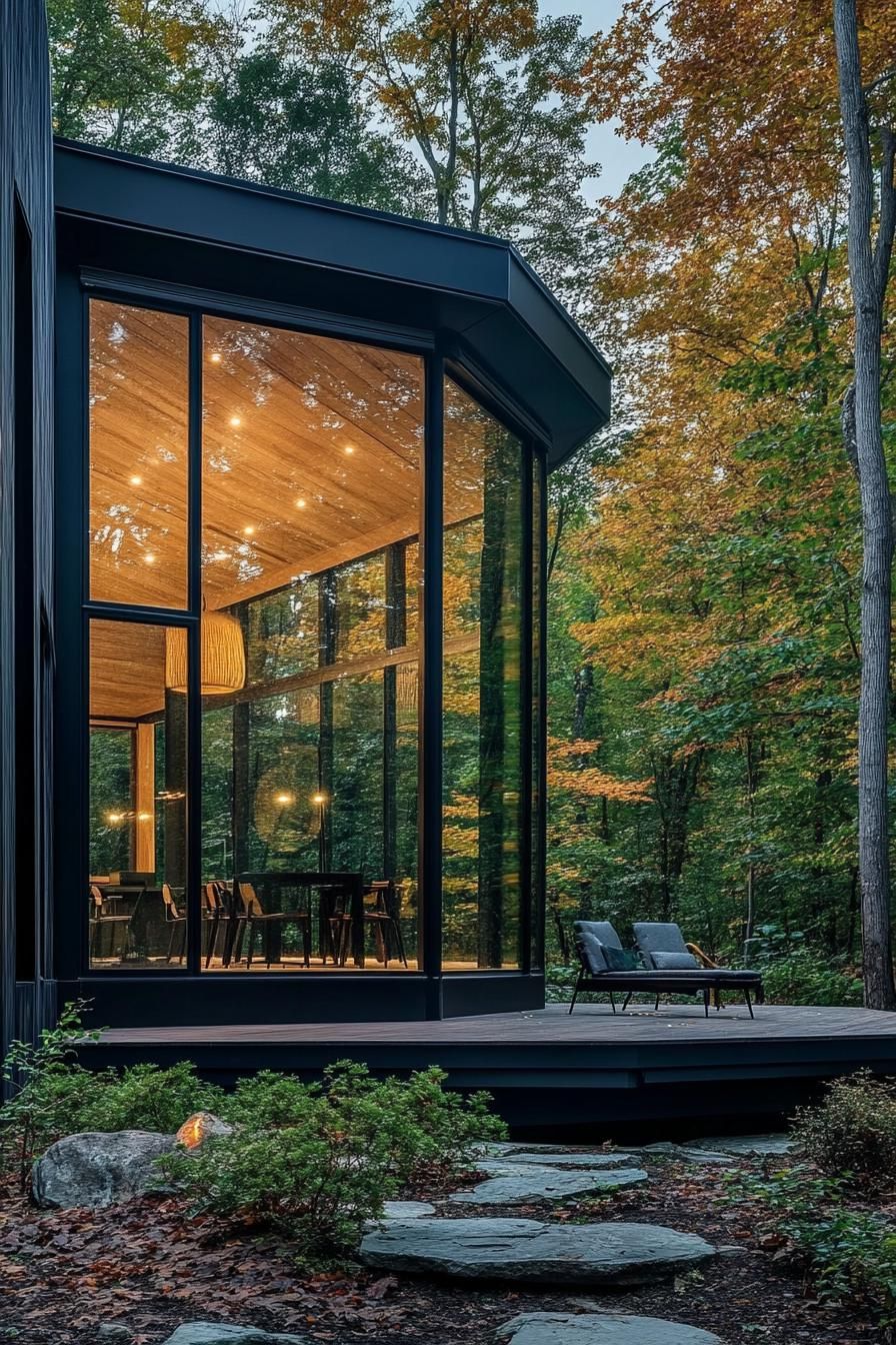 modern forest house hexagonal facade with panoramic windows with views over forest lake 3