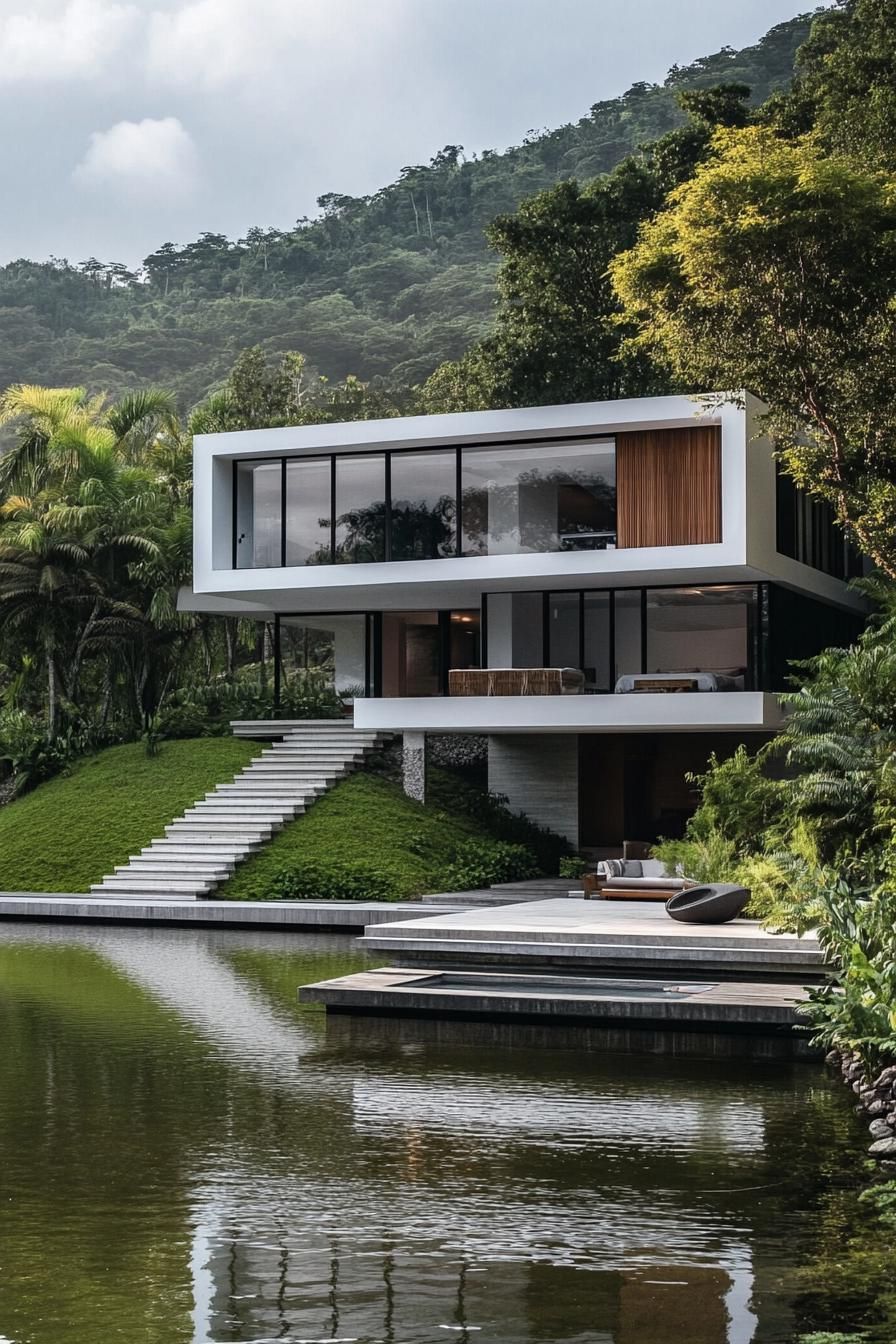 modern house on a hillside with terraces connected with floating stairs tropical island lake below