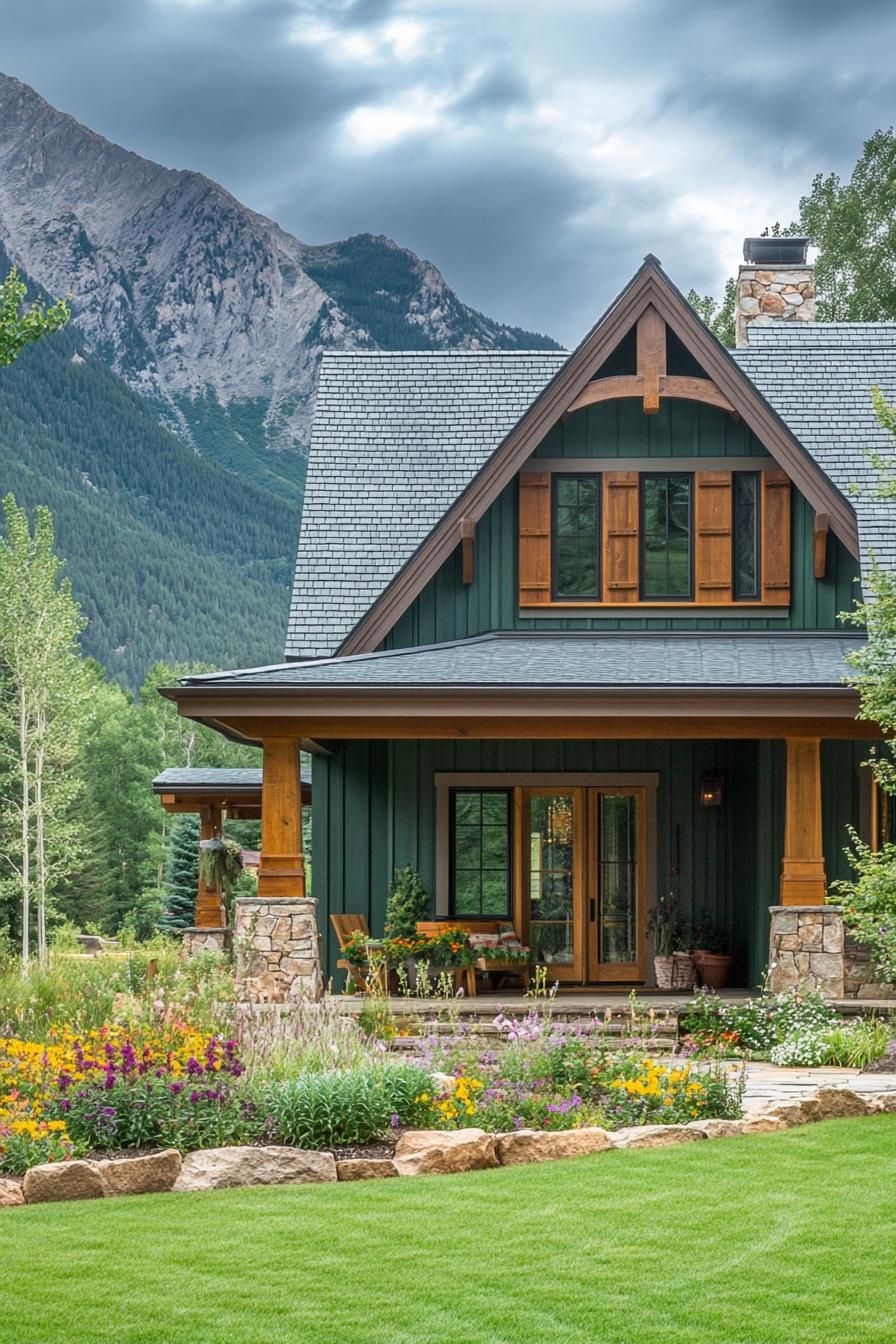 front view of a cottage style mountain house with shy green board and batten siding natural stone foundation porch with wooden columns multiple