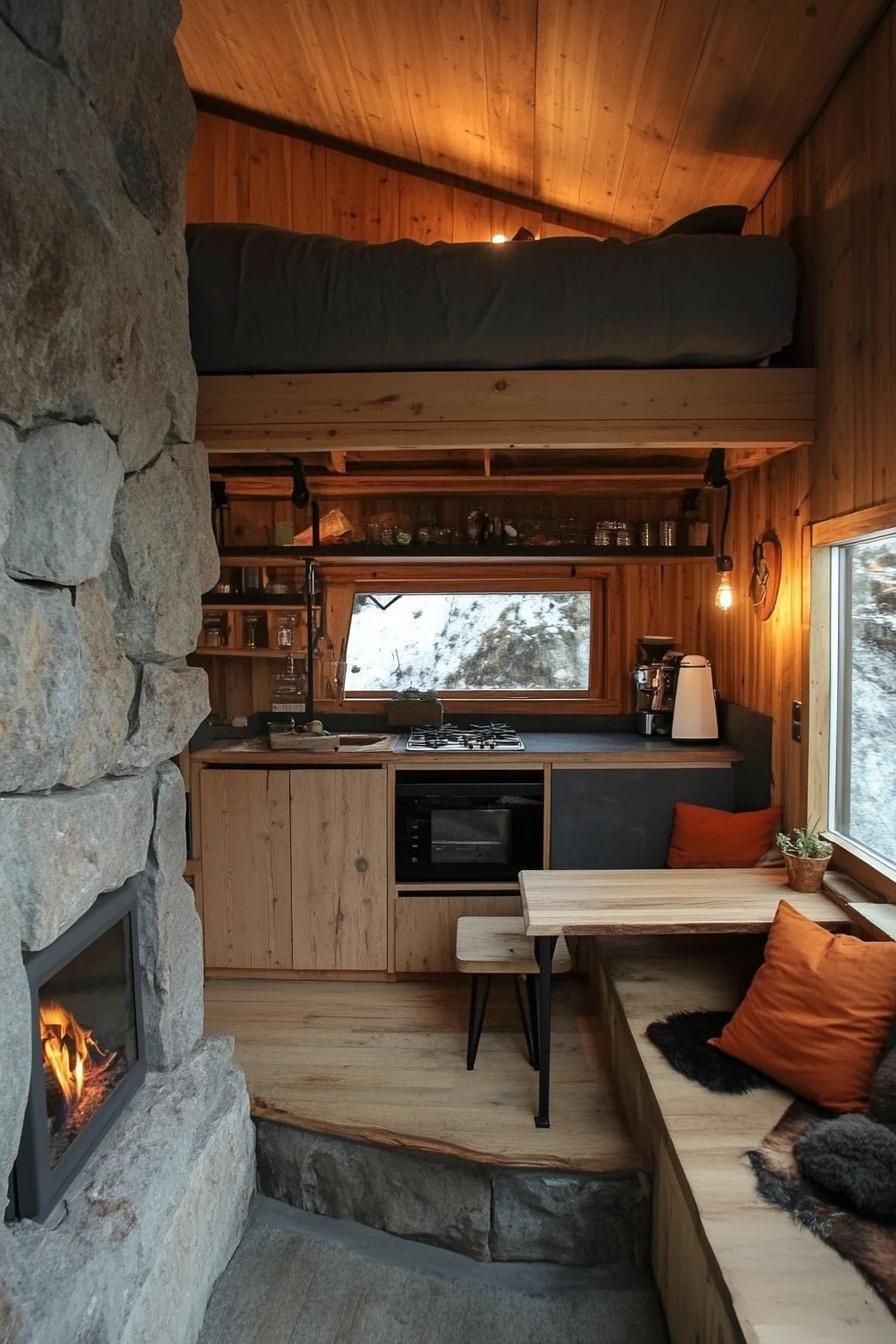 Tiny Mountain Home With a Compact Cozy Stone Fireplace