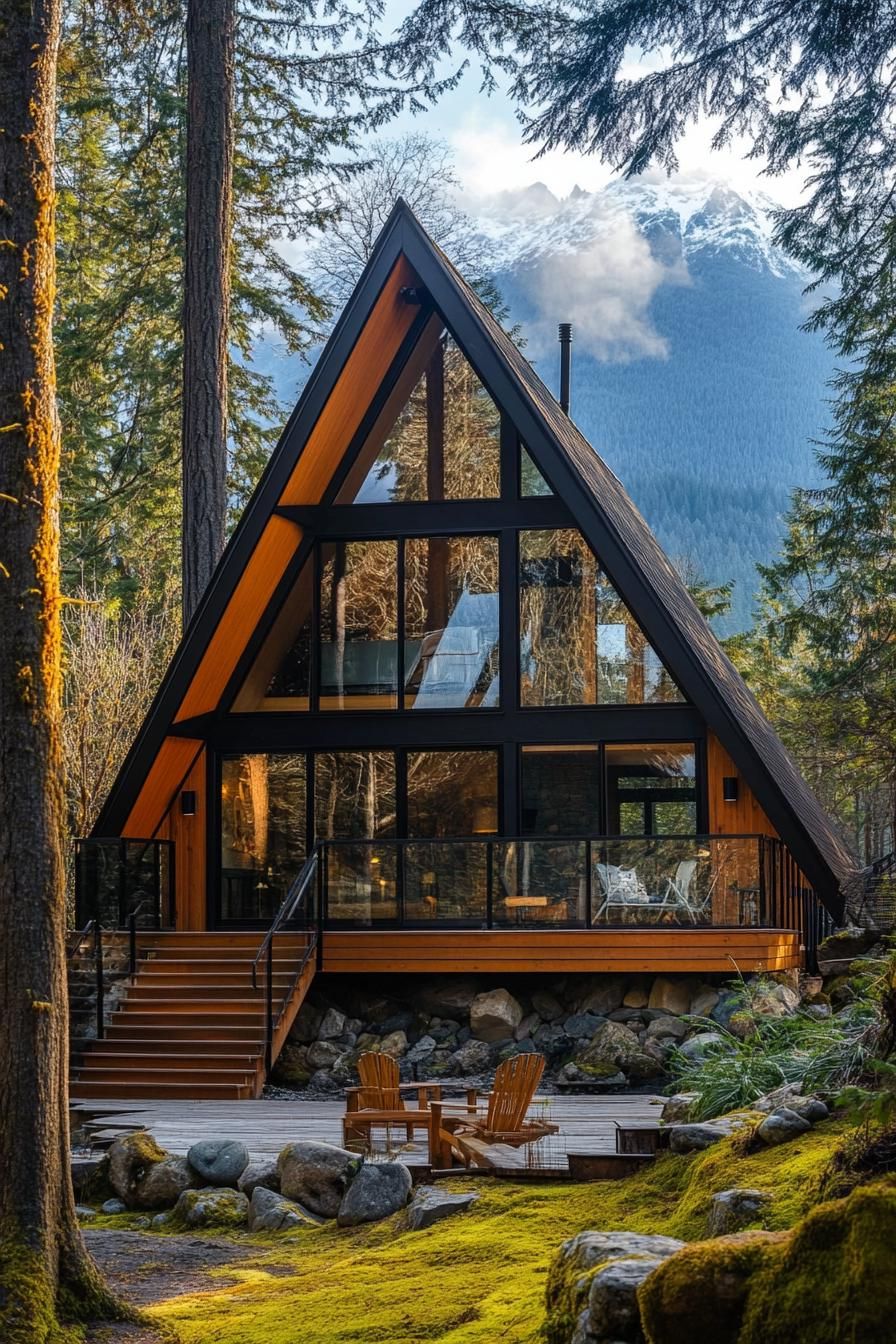 modern forest a frame dar stained wood cabin with full glass wall and balcony with wooden railings front deck with wooden furniture natural stone 3